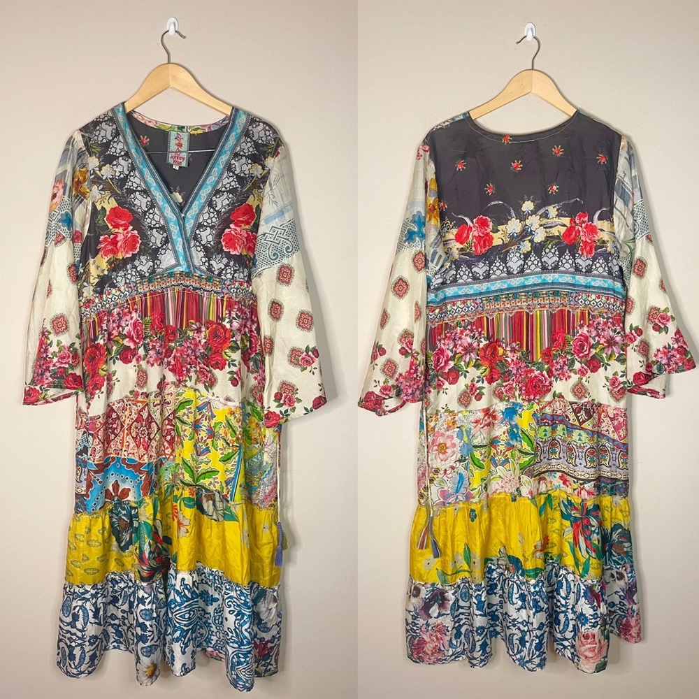 Johnny Was | Dibble Boho Patchwork 100% Silk Maxi Dress Size: Large - Picture 4 of 10